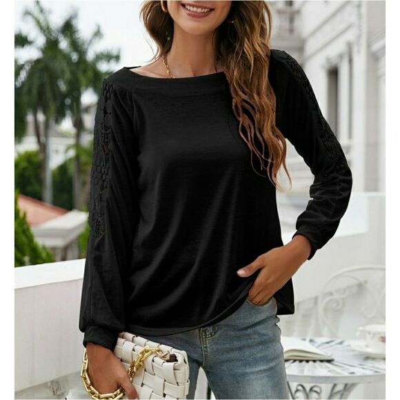 Black Lace-Sleeve Boatneck Top - Picture 1 of 5